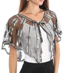 Like new SAACHI Art Deco Black & Silver Sequin Mesh Capelet Size One Size